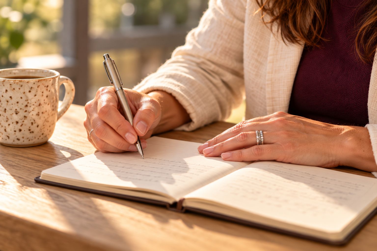 Hands writing in an open notebook on an oak desk beside a speckled mug