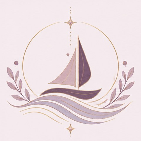 Line illustration of a sailboat on gentle waves inside a gold circle, framed by leaves