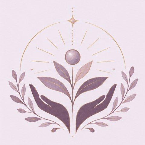 Line illustration of two open hands holding a growing plant beneath a glowing pearl