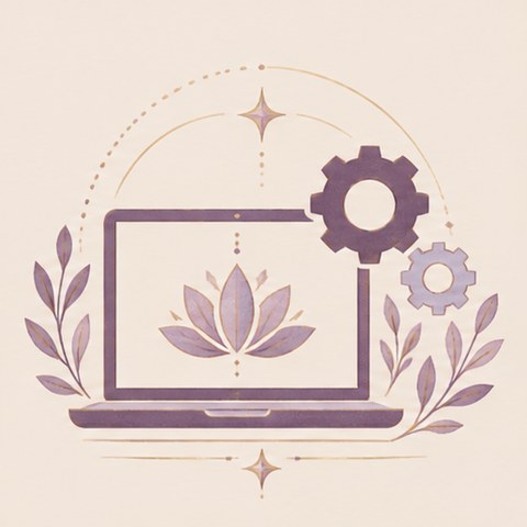 Line illustration of a laptop showing a lotus, with two gears turning beside it