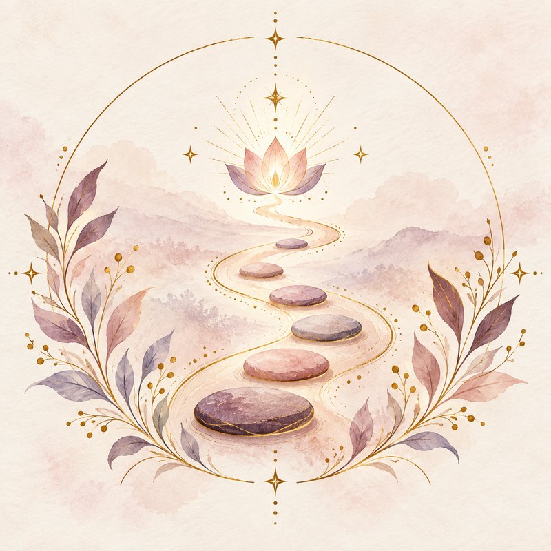 Watercolor illustration of six stepping stones on a winding golden path rising to a glowing lotus