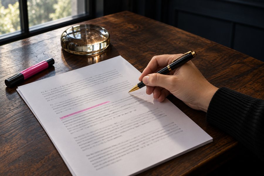 A hand marking up a printed document with a gold pen, a pink highlighter nearby
