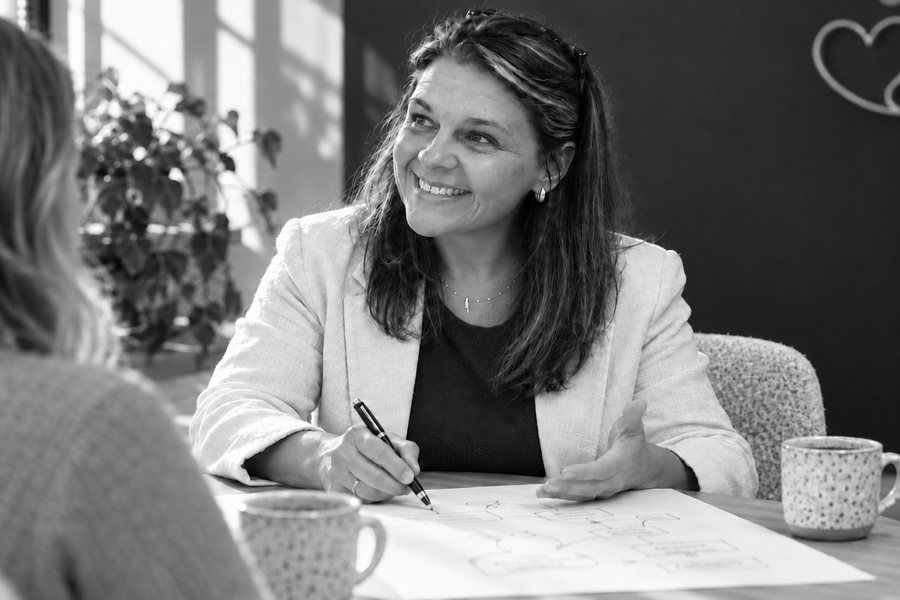 Tara Nixon at a table, sketching a plan on paper