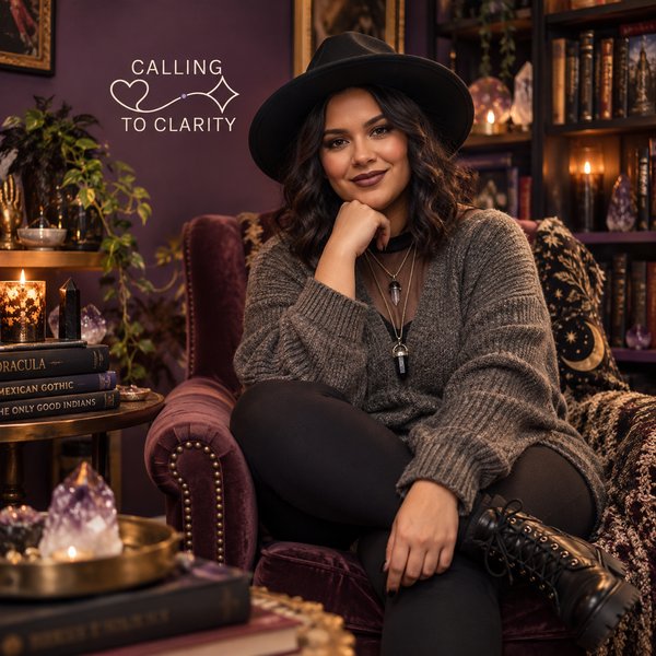 A sample AI brand photo of a woman in a black hat and gray sweater in a velvet armchair, with books, candles, and crystals behind her and the Calling to Clarity logo
