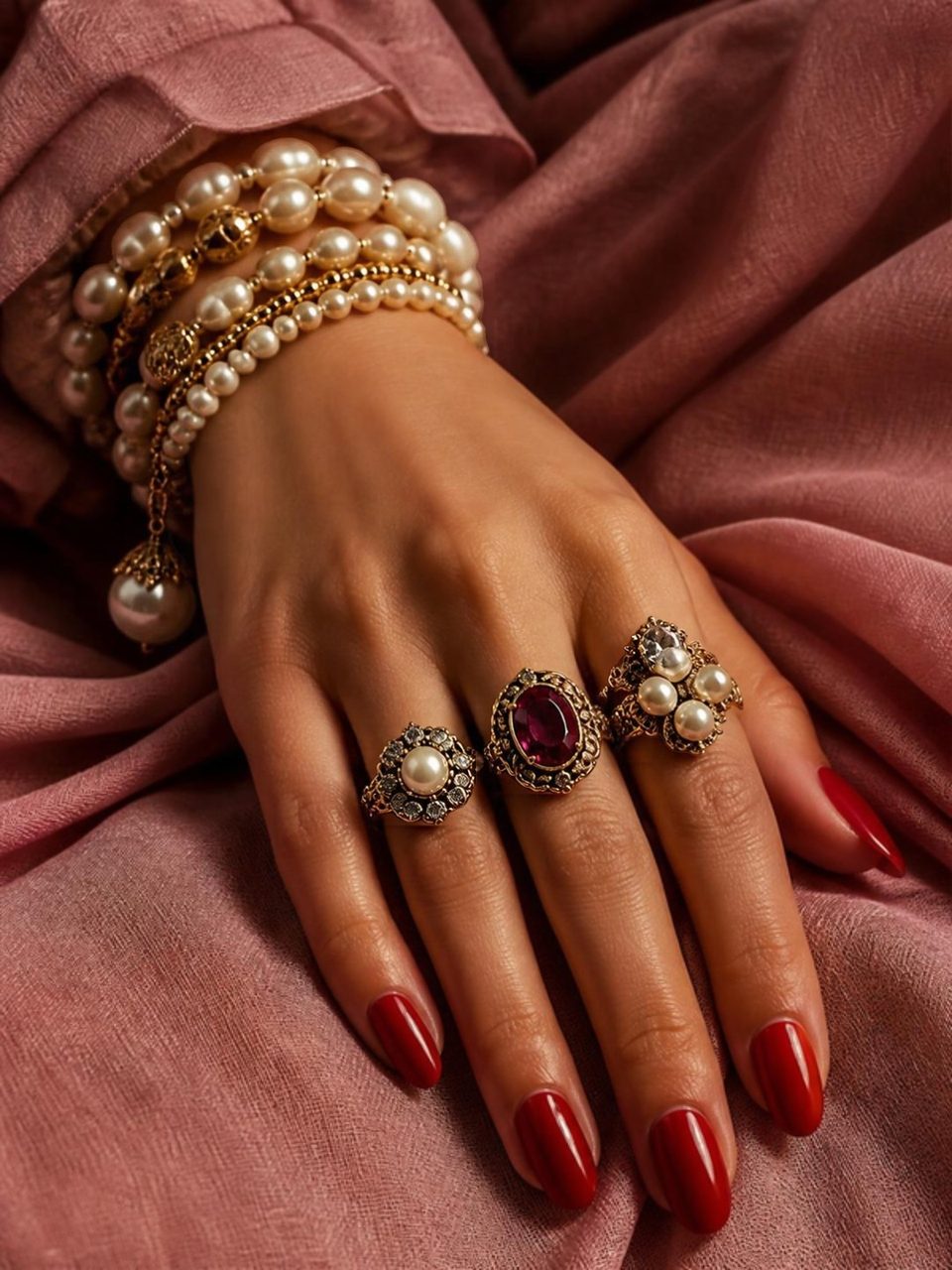 A hand with red nails wearing vintage jeweled rings and stacked pearl bracelets on rose linen