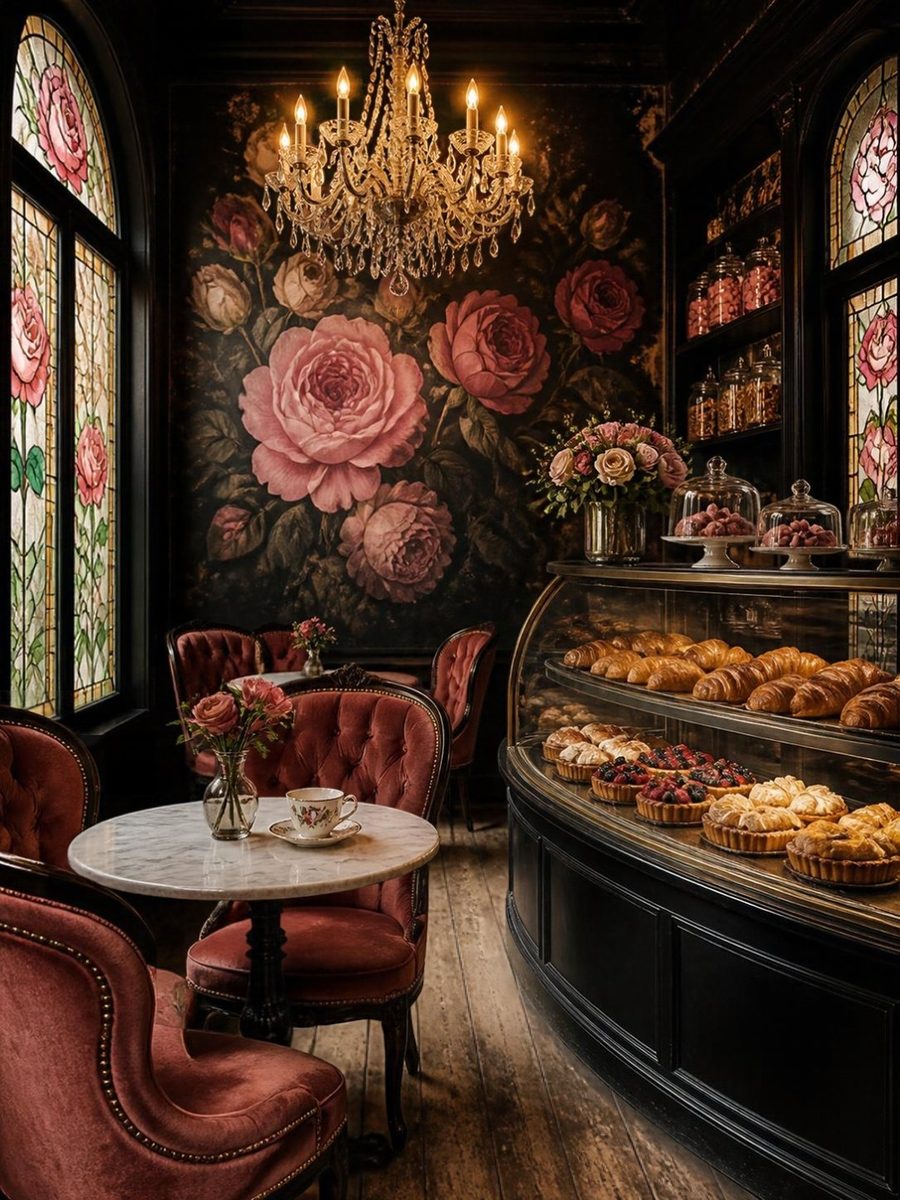 A dark bakery with a rose mural, a crystal chandelier, a curved pastry case, and pink velvet chairs at a marble table