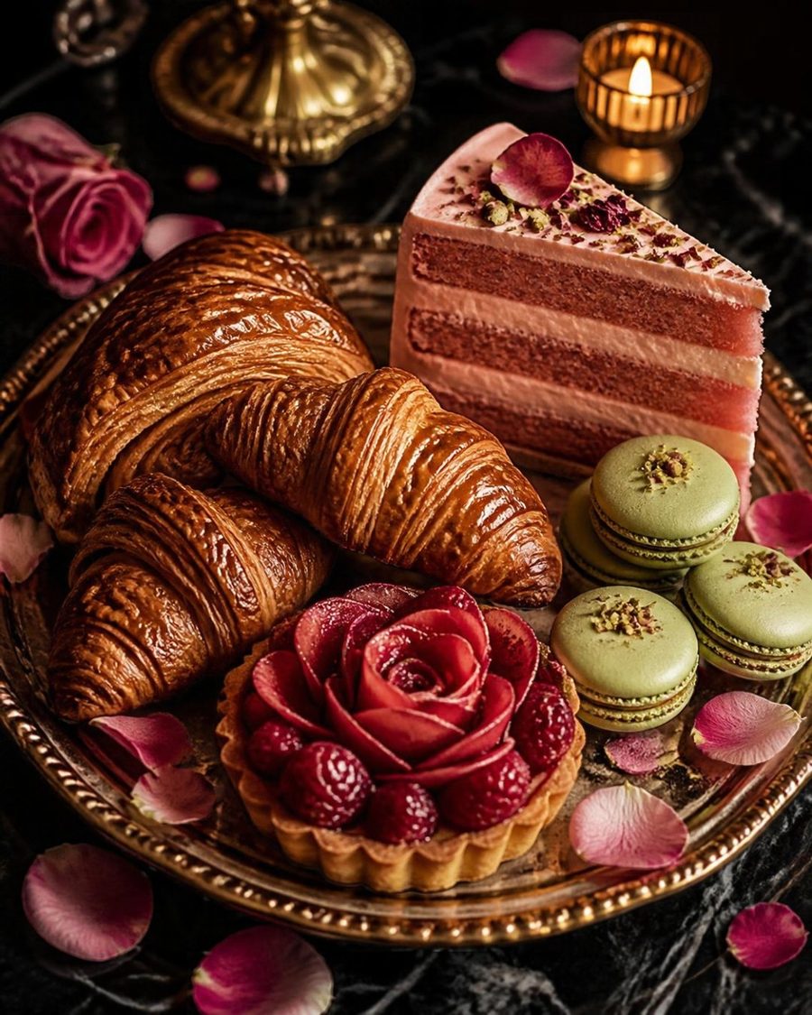 A gold tray of croissants, a raspberry rose tart, pistachio macarons, and a slice of pink layer cake with rose petals