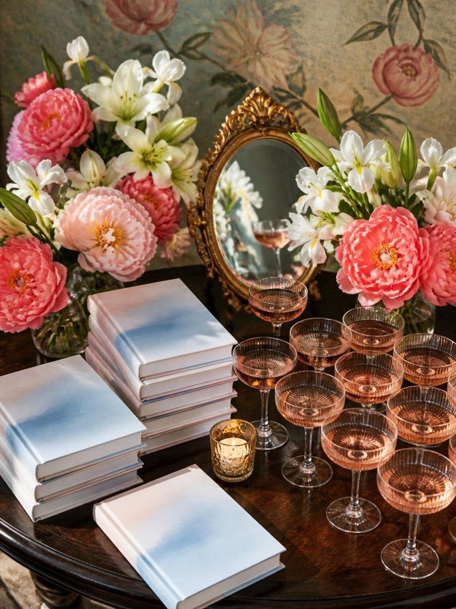 A launch party table with coral peonies, coupe glasses of pink sparkling wine, a gold mirror, and stacks of books