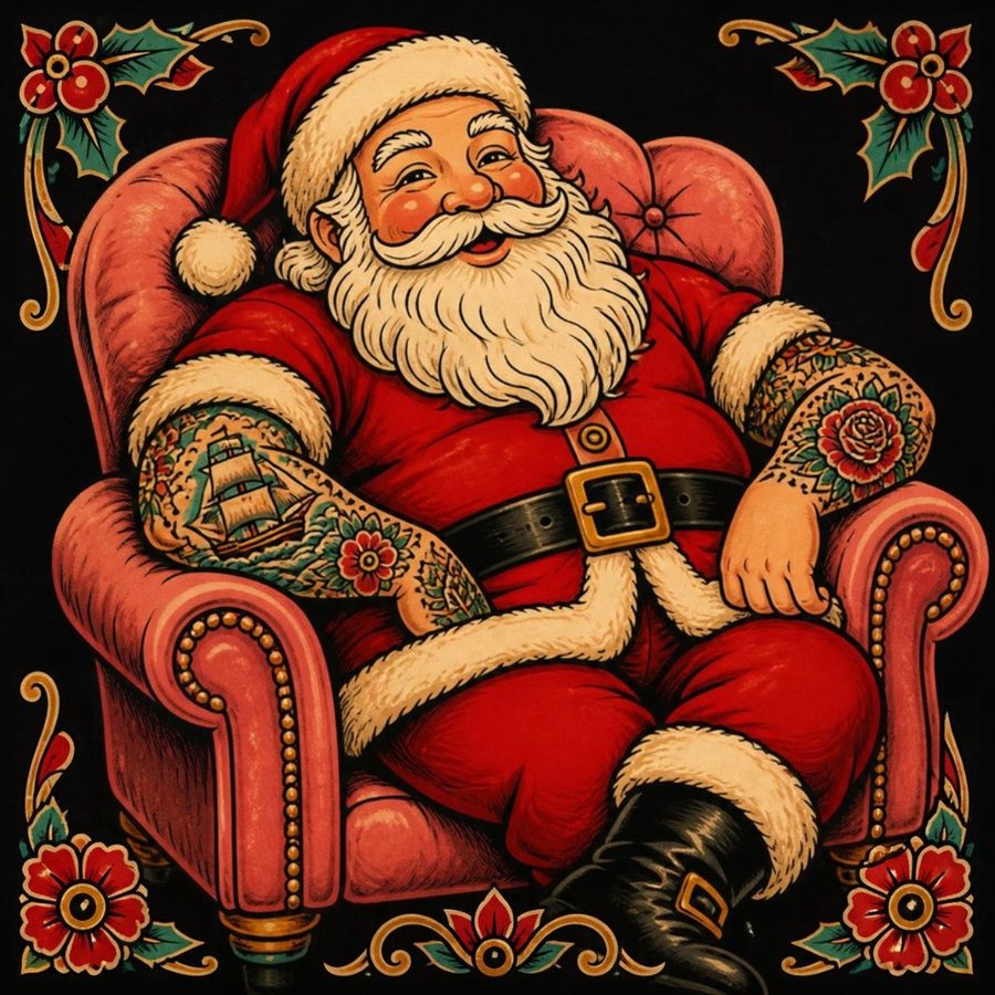 Illustration of a jolly Santa with tattoo sleeves lounging in a pink armchair, in old-school tattoo flash style