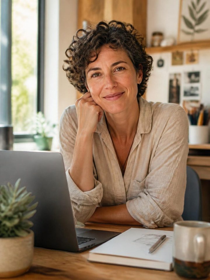 A smiling woman with short curly hair at a sunny desk with a laptop and notebook