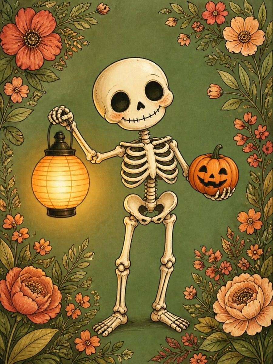 Illustration of a friendly skeleton holding a glowing lantern and a jack-o'-lantern, framed by coral flowers on sage green