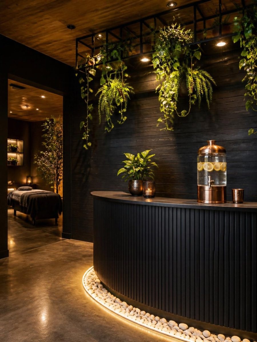 A dark wood reception counter under hanging plants, with a copper water dispenser and white river stones lit along the base