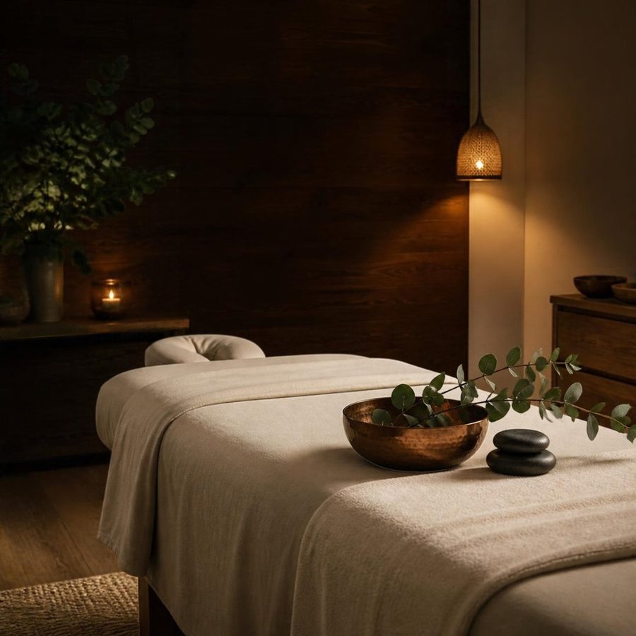 A dim treatment room with a massage table in cream linens, a copper bowl of eucalyptus, and a stack of river stones