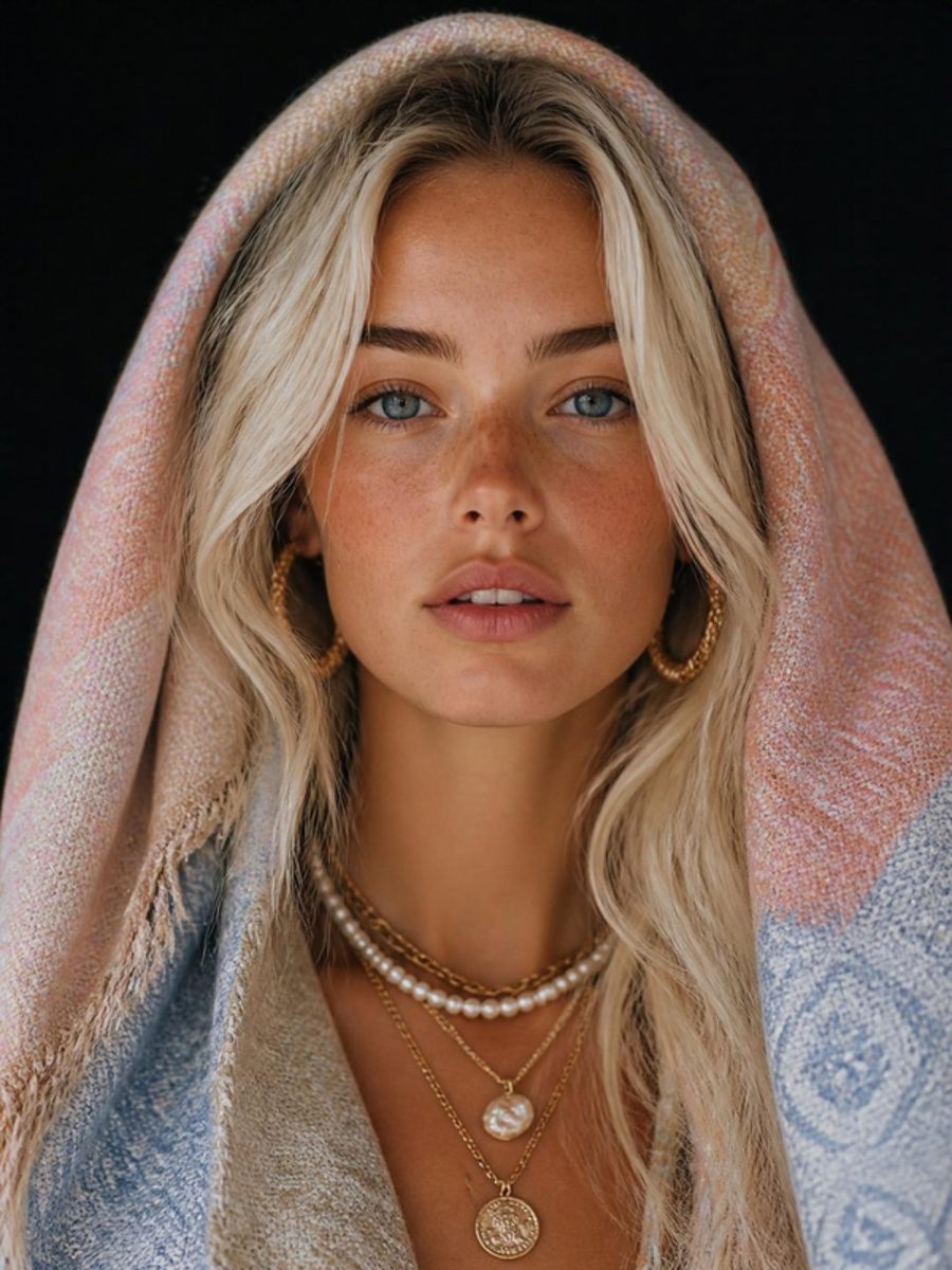 Editorial portrait of a freckled woman with platinum hair in a pastel woven head wrap and gold jewelry against black