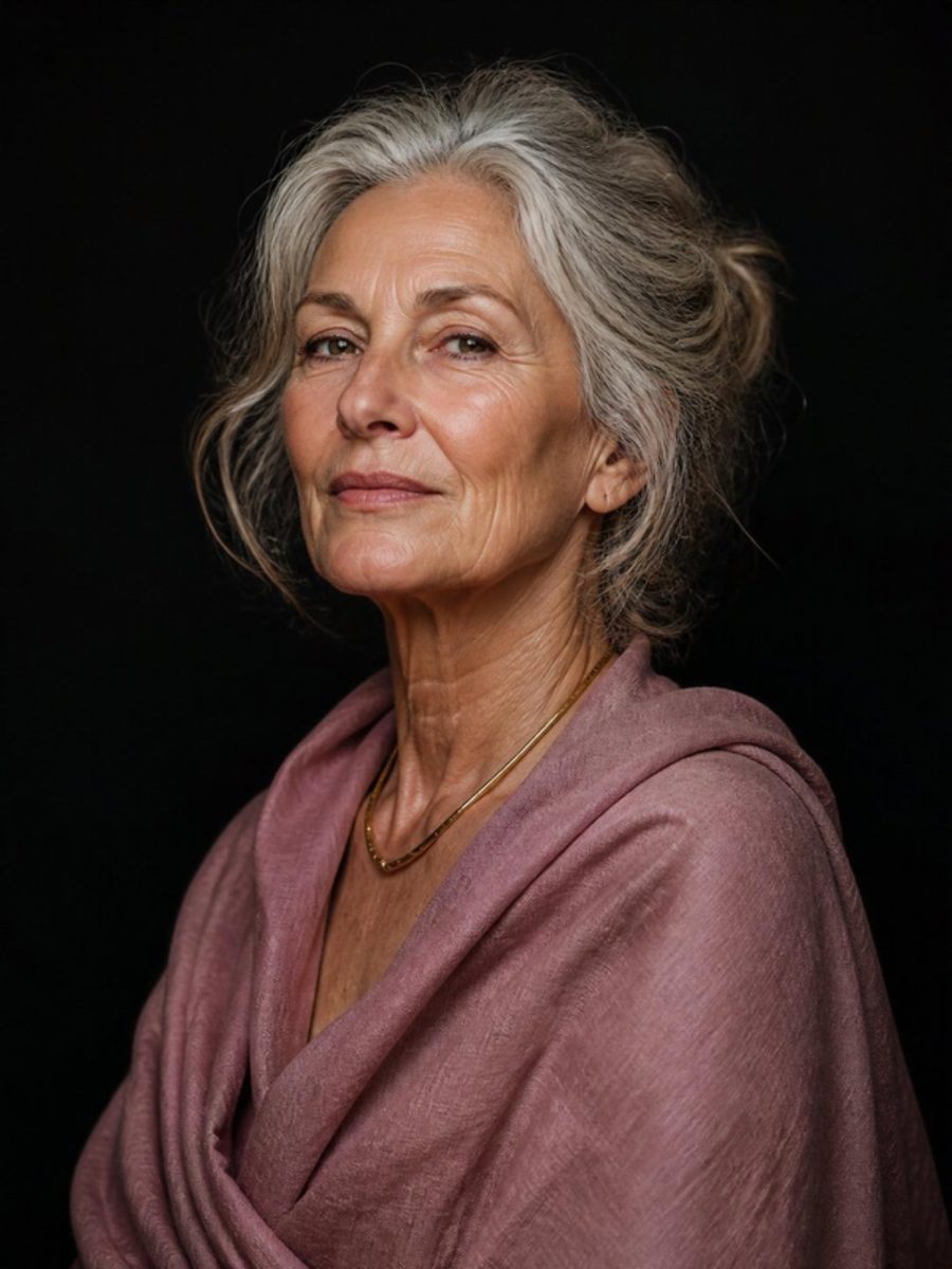 Woman in her sixties with silver hair in a dusty rose wrap and a gold necklace