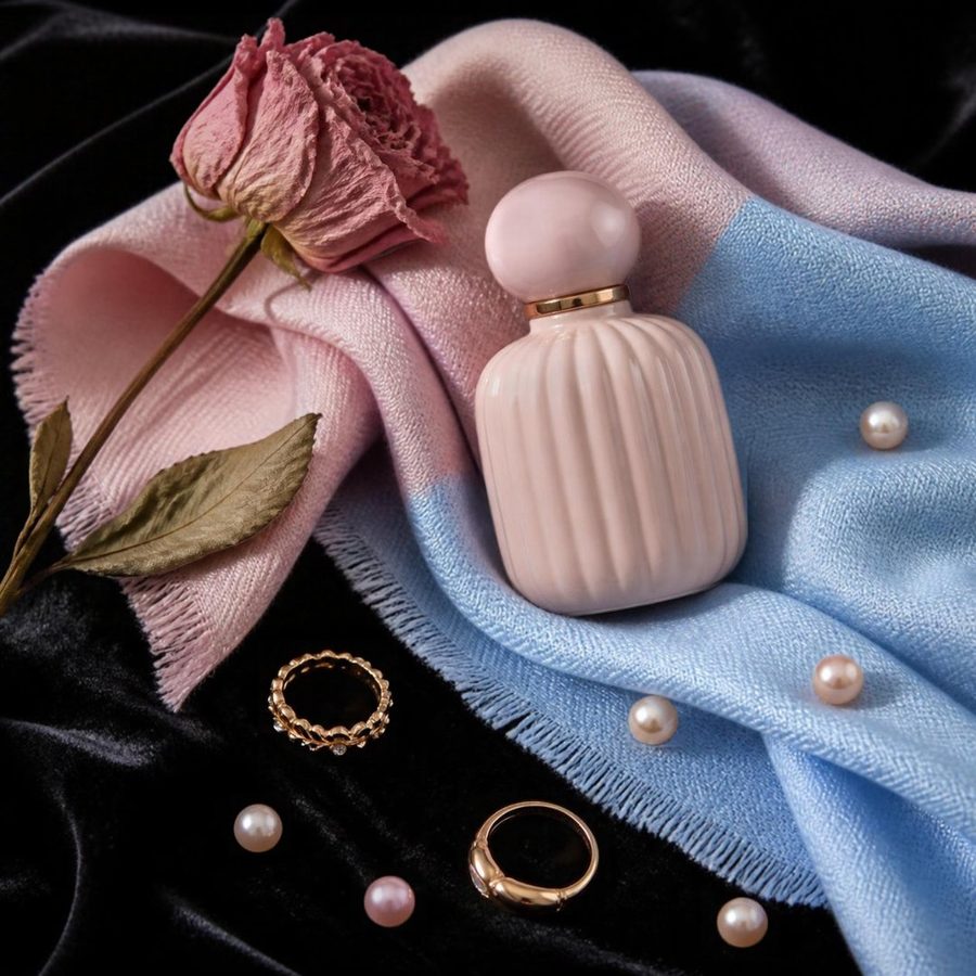 Flat lay of an unlabeled ceramic bottle, pearls, gold rings, and a dried flower on black velvet