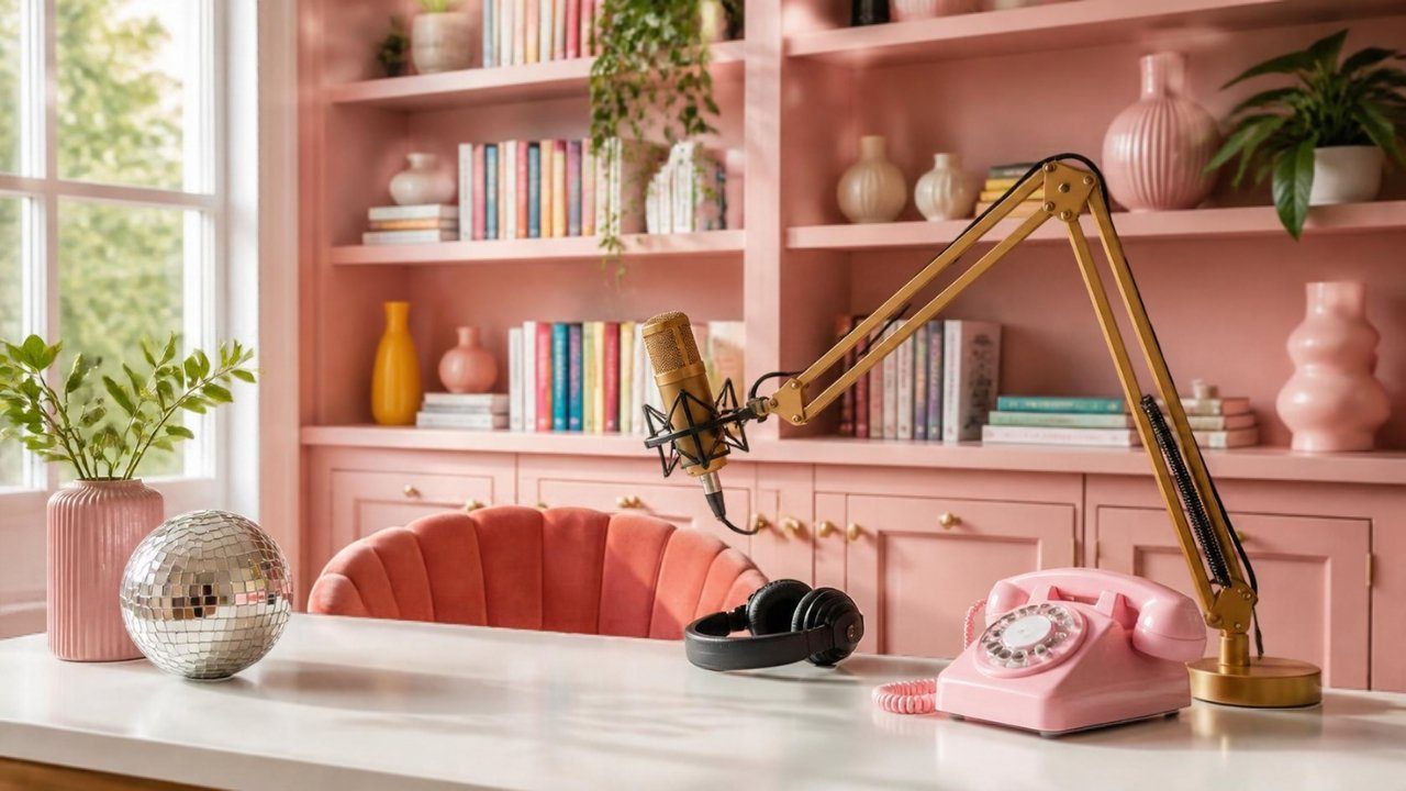 A dusty pink podcast studio with built-in shelves, a gold microphone on a white desk, a pink rotary phone, and a small disco ball
