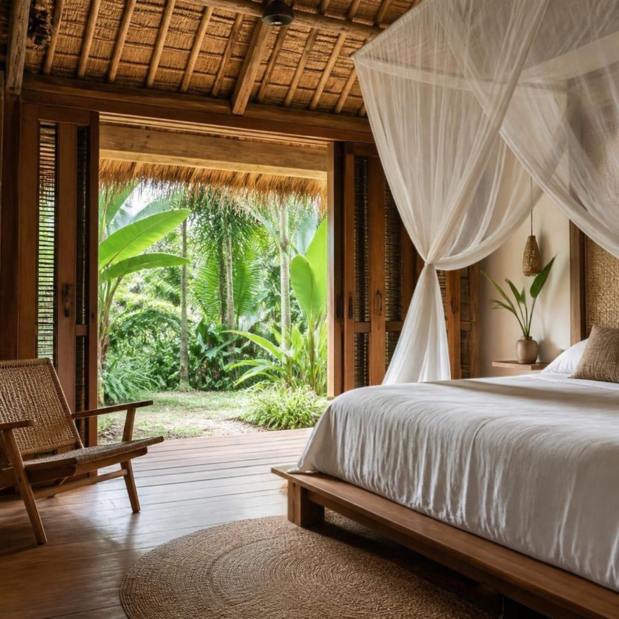A jungle bungalow with a low wooden bed in white linen under a mosquito net and an open doorway to a garden
