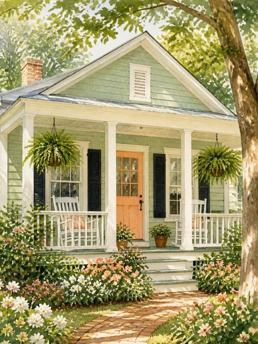 Watercolor of a pale green cottage with a peach door, a front porch with rocking chairs, and flower beds
