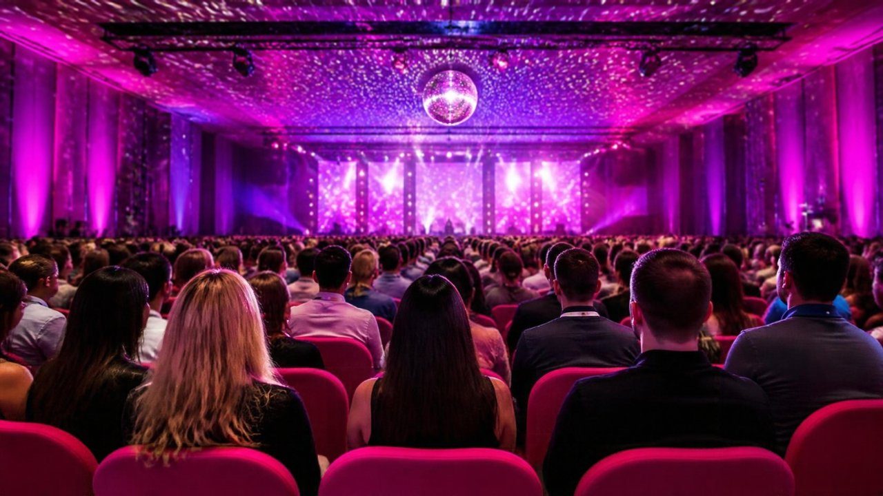 A conference hall seen from behind the audience, rows of pink chairs facing a glowing magenta stage with disco sparkles