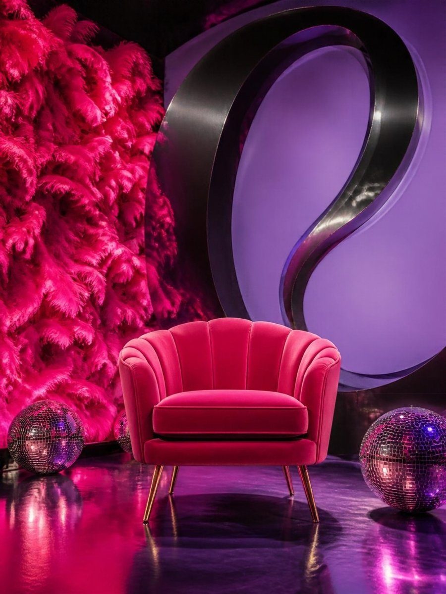 An empty stage with a hot pink feather wall, a pink velvet armchair, disco balls, and magenta light