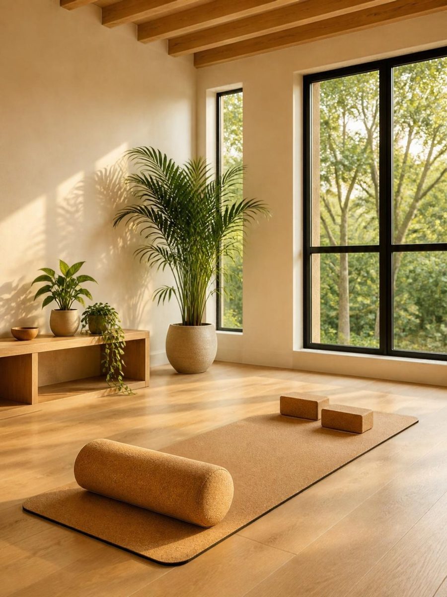 A bright yoga studio with oak floors, black-framed windows, a cork mat with a bolster and blocks, and plants