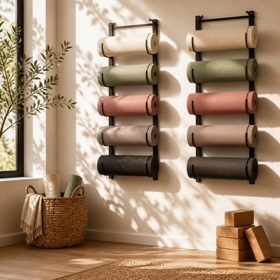 Rolled yoga mats in cream, sage, rose, and charcoal on black wall racks above cork blocks