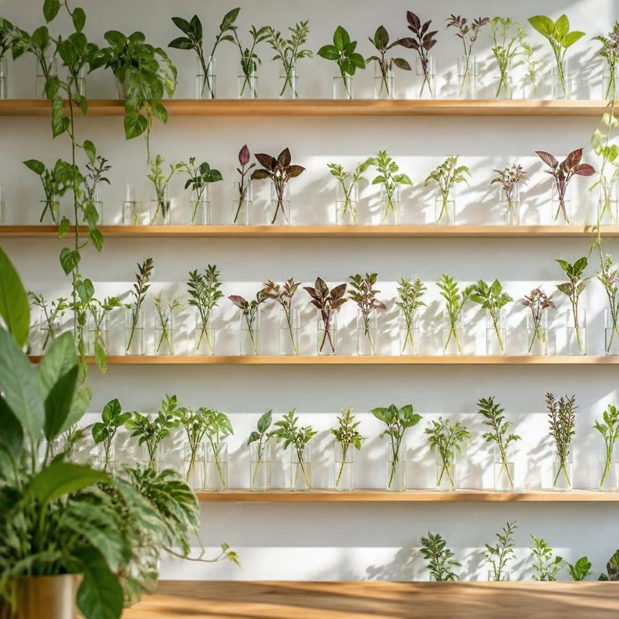 A white wall of oak shelves holding glass tubes of rooting plant cuttings