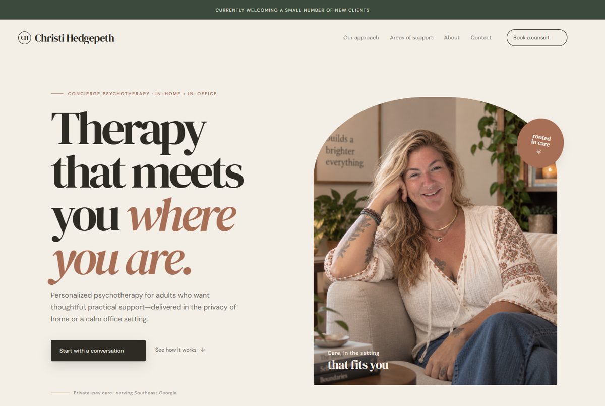 Home page of Christi Hedgepeth's concierge psychotherapy website, with the headline Therapy that meets you where you are and a portrait of Christi